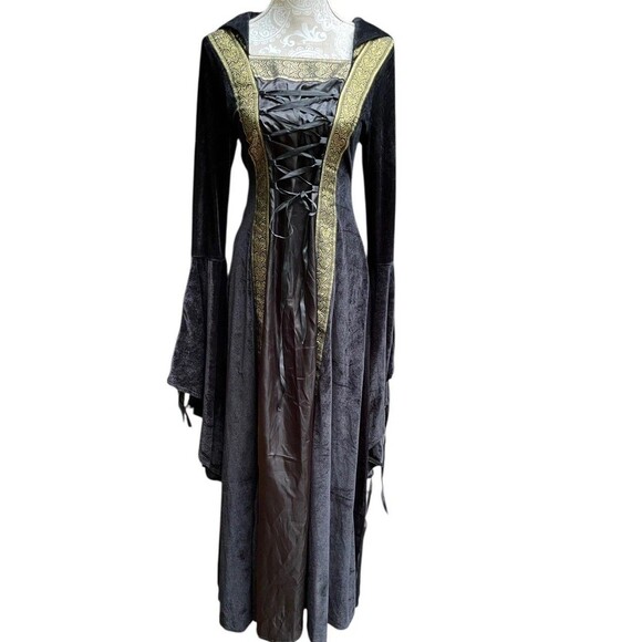 Medieval Renaissance Hooded Gown Black Velour Gold Trim Lace Up Bodice Size M - Picture 3 of 13
